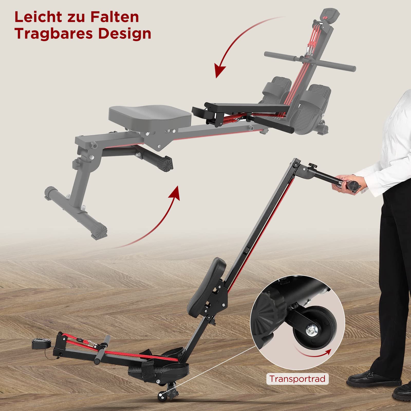 Rudergerät für Zuhause, Rudergerät Klappbar Rudergeräte, 120kg Gewichtskapazität Rowing Machine (Rot)